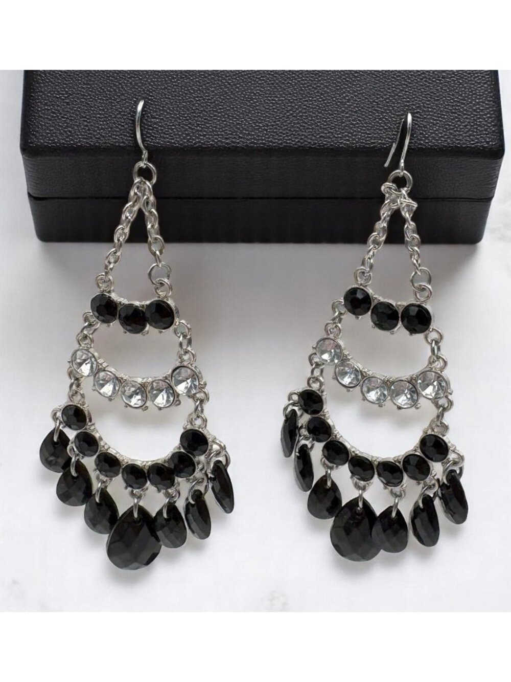 Black Silver Tone Chandelier Dangle Earrings Faceted Beads Rhinestone Accents